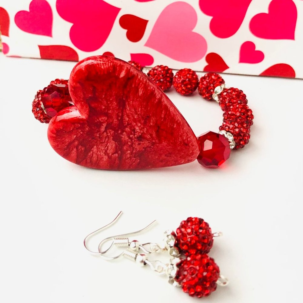 Valentine’s Day bracelet and earrings, Heart Gift Set for Her